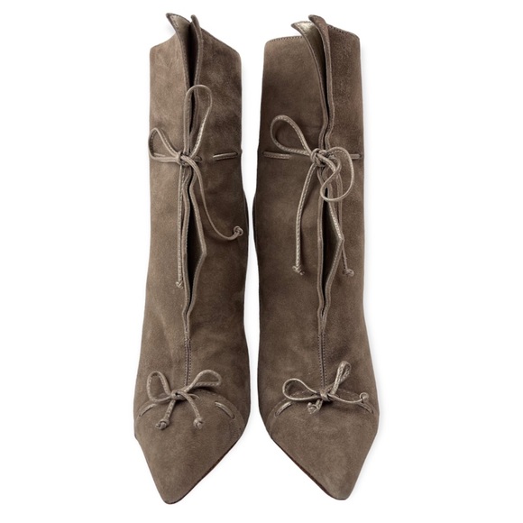 CHRISTIAN LOUBOUTIN Booties Suede & Metallic Leather Bows Stiletto Heels Zipper - Picture 5 of 12